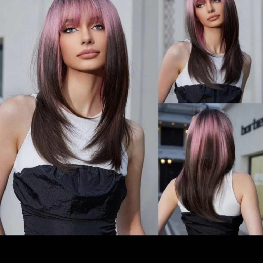 22" Women' Black Pink Highlights With Bangs Long Straight Hair Shoulder Wig